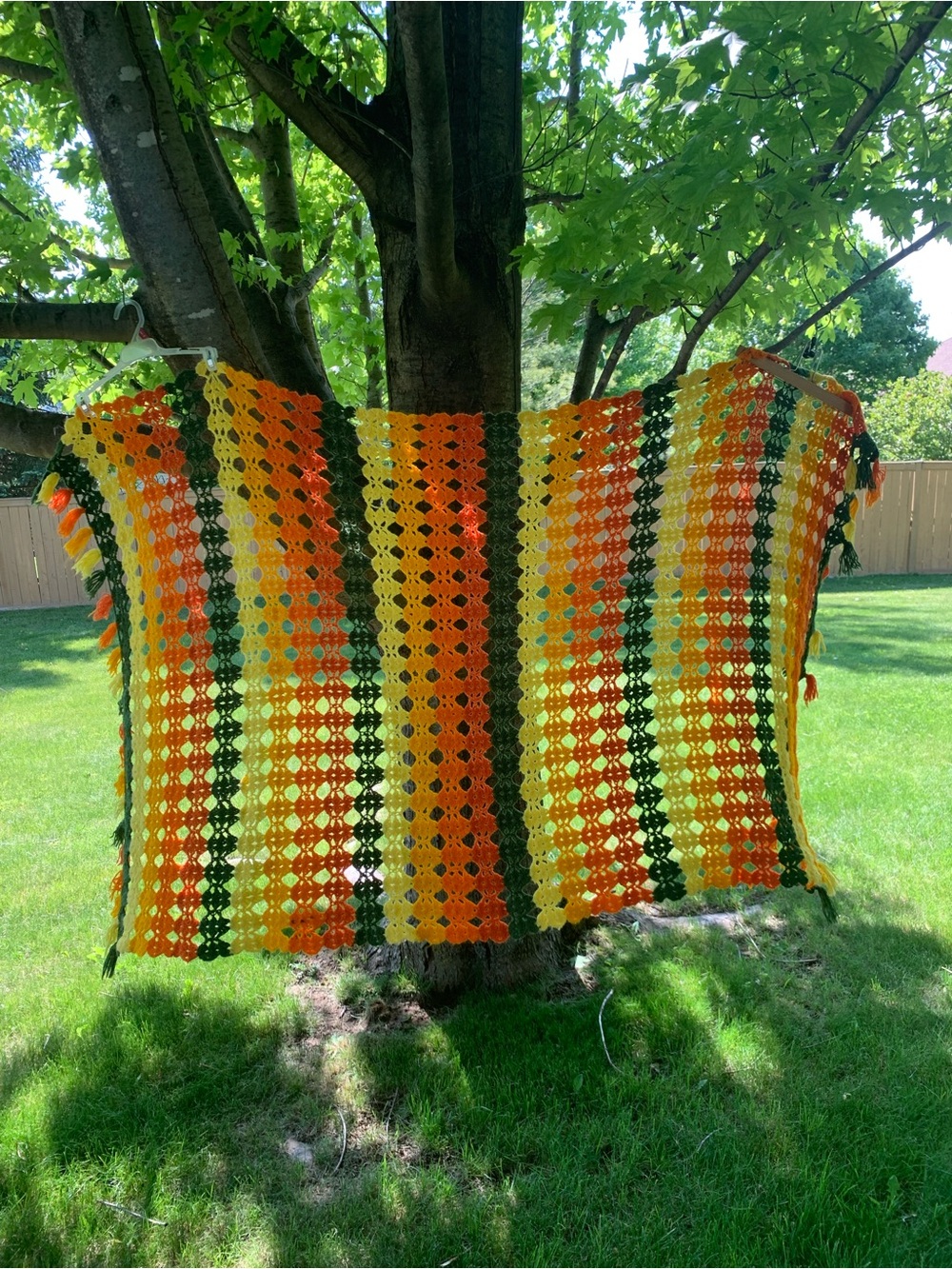 Vintage Handmade Boho Crocheted Blanket in 70s Orange, Yellow & Green Stripes